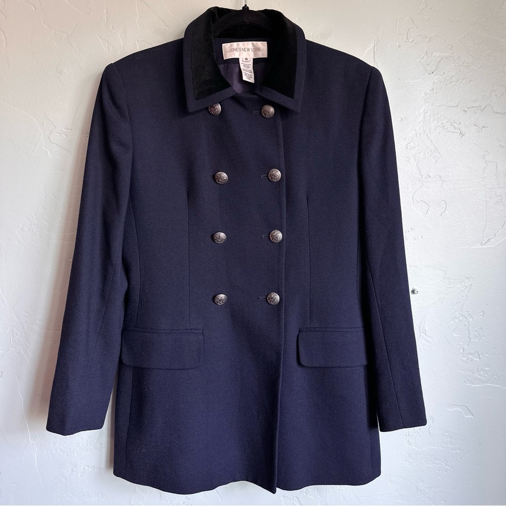 Jones New York Luxe 100% Wool Navy Blue Black Velvet Pea Coat Jacket Size 6 EUC‎